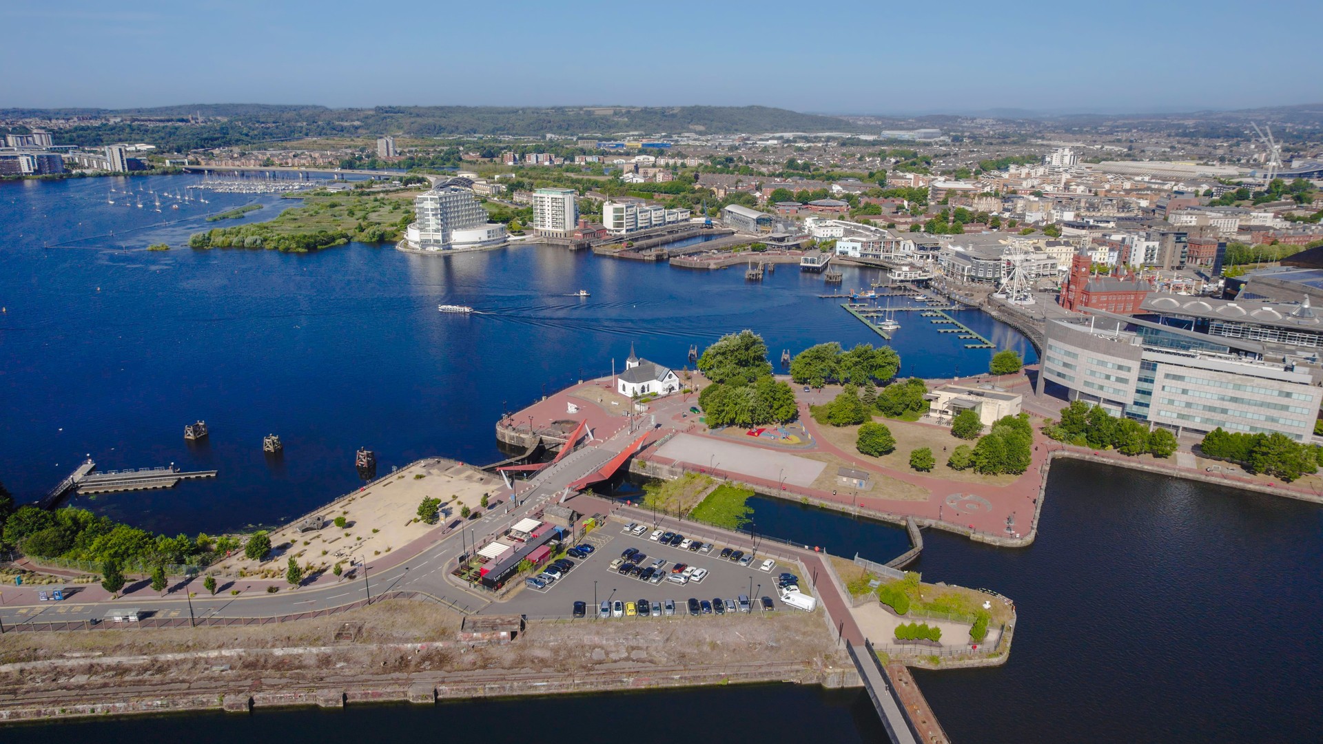 Cardiff United Kingdom aerial shot of High angle view of the waterfront